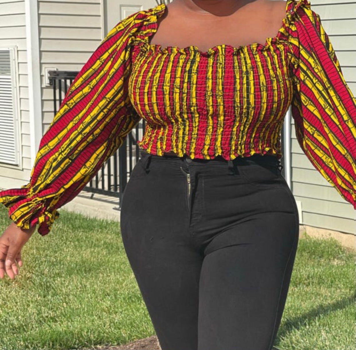 Red, Yellow And Black Coloured Ankara Print Shirred Off Shoulder Bishop Sleeve Elastic Top