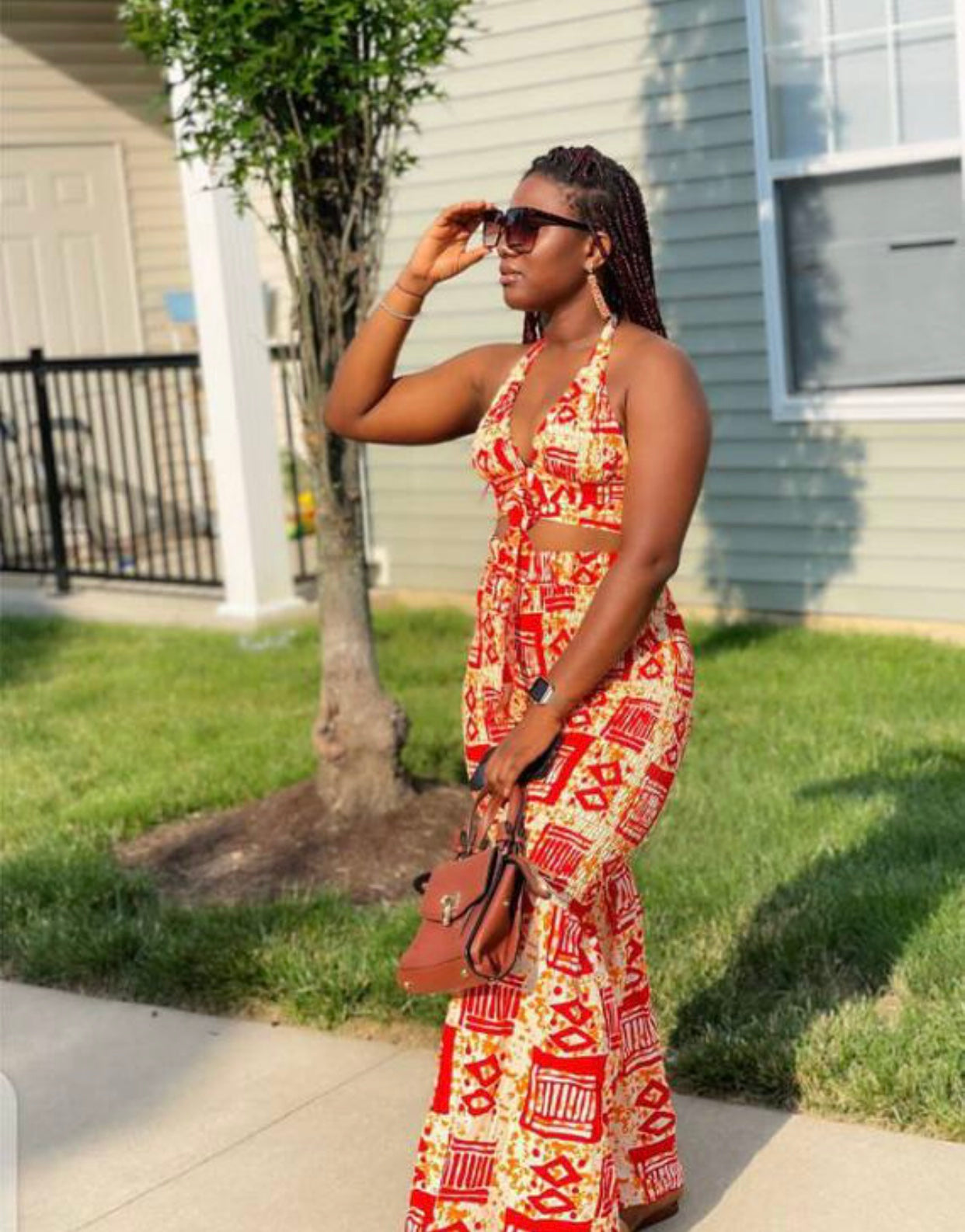 A blend of Red And Cream Ankara Print Stretchy Tube Back Tie Top With it Matching Stretchy Palazo Pant African Style