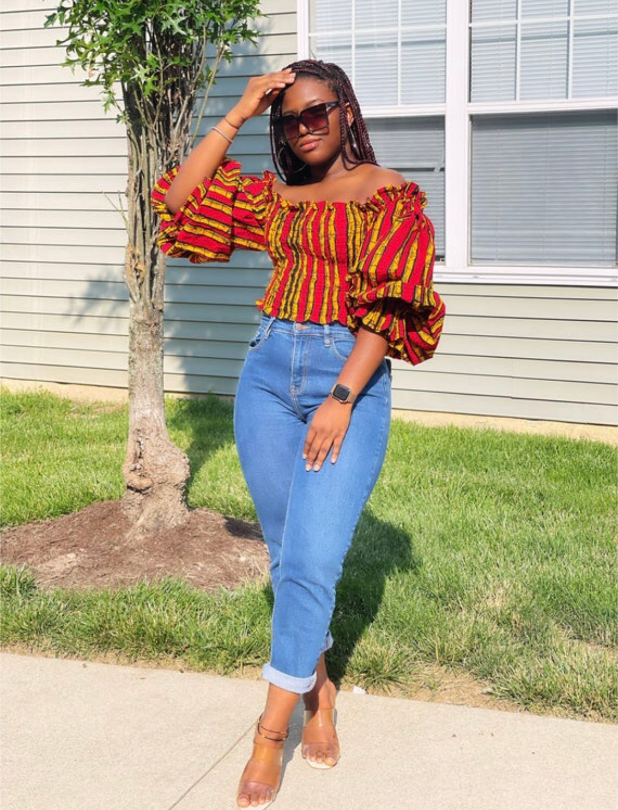Red, Yellow And Black Coloured Ankara Print Shirred Off Shoulder Bishop Sleeve Elastic Top
