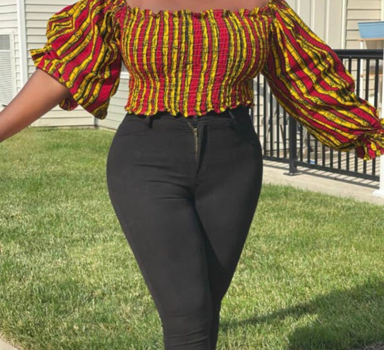 Red, Yellow And Black Coloured Ankara Print Shirred Off Shoulder Bishop Sleeve Elastic Top