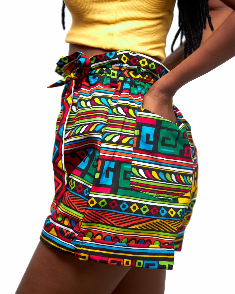 Red, Yellow, Green, Blue, Black, Pink African Bogolan Print High Waist Shorts With Back Pockets And Belt