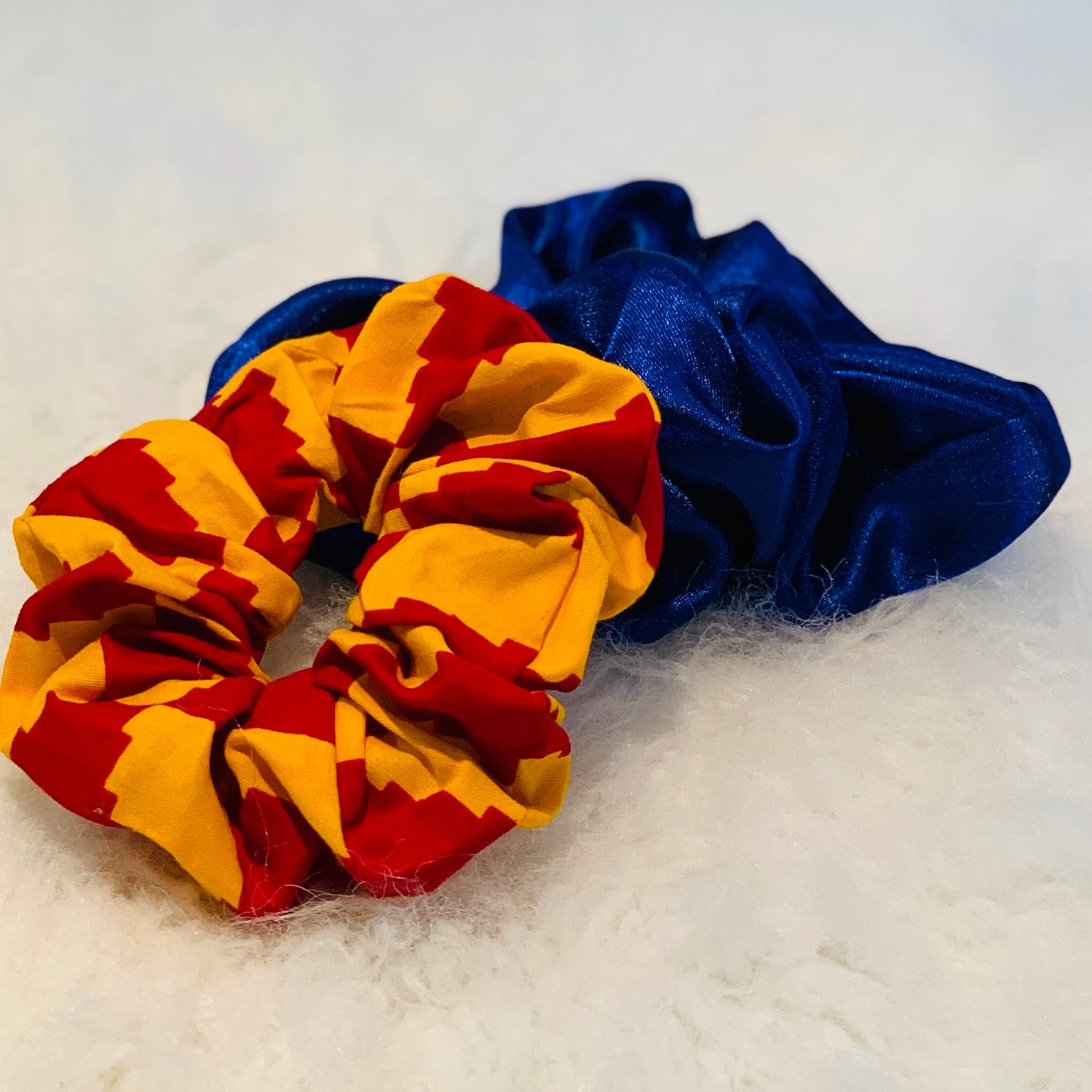2 Different Color Scrunchie; Yellow And Red Scrunchie And Blue Scrunchie