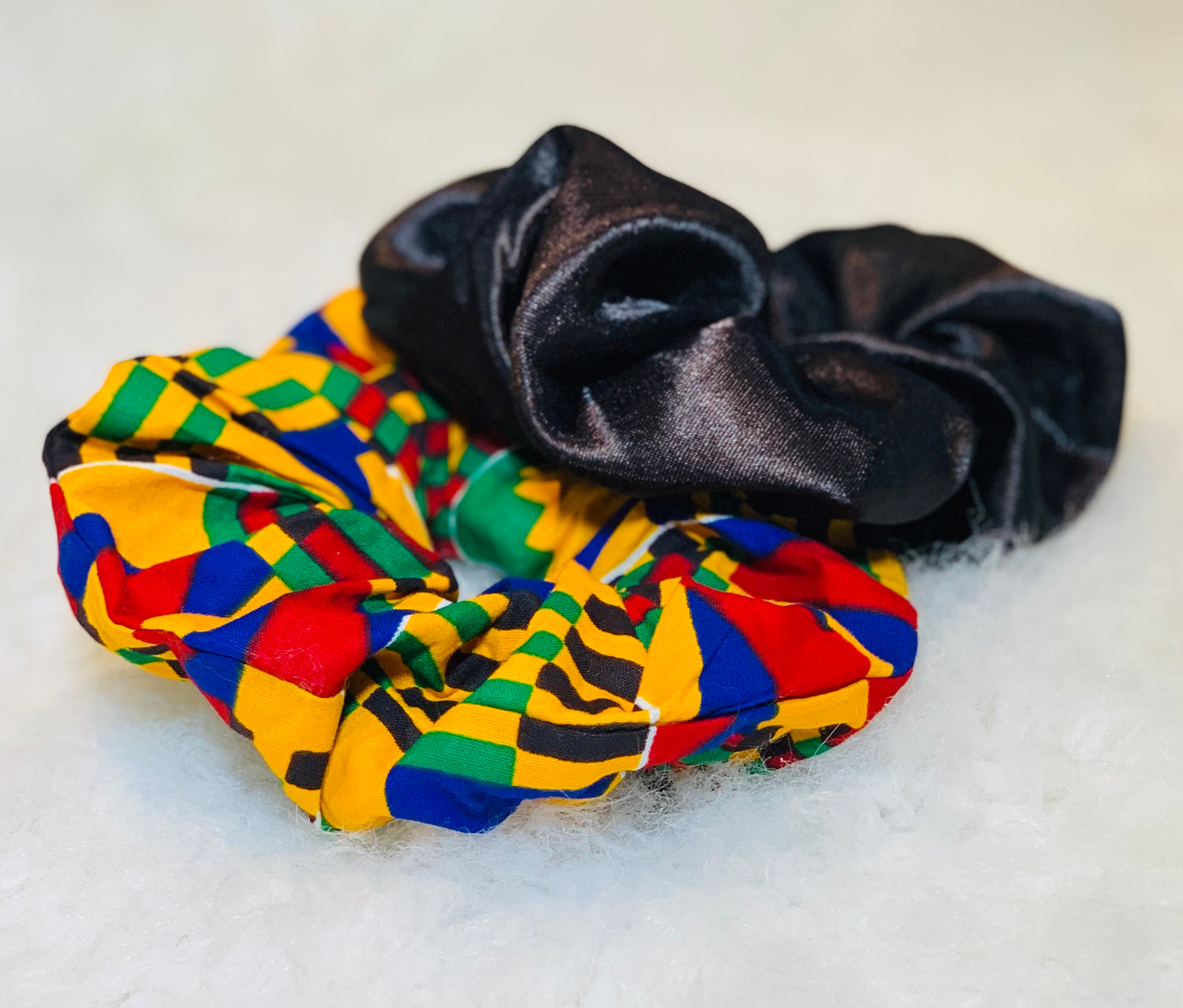 Yellow, Green, Blue And Black Scrunchie And Black Scrunchie