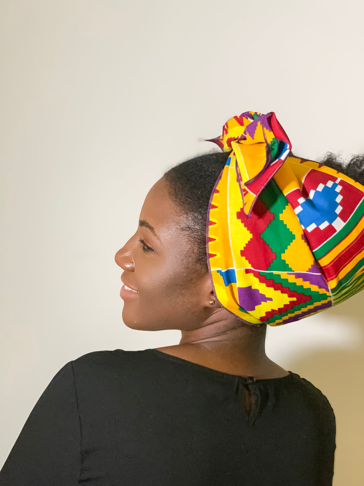 Purple, Yellow, Green, Red, And Blue Kente Print Silk Lined Detachable Head Wrap