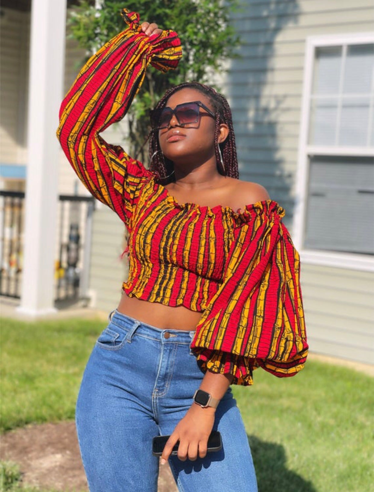 Red, Yellow And Black Coloured Ankara Print Shirred Off Shoulder Bishop Sleeve Elastic Top