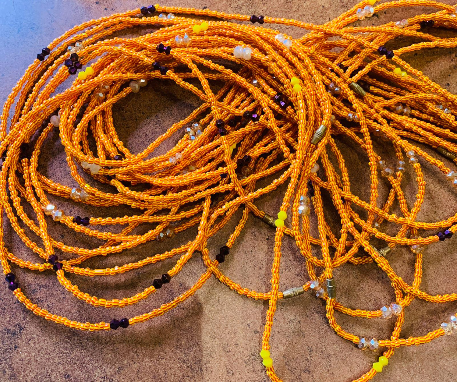 48 Inches Stripped Yellow And Orange With Black ,Yellow And Clear Crystal Pebble Bar Removable Screw Waist Beads