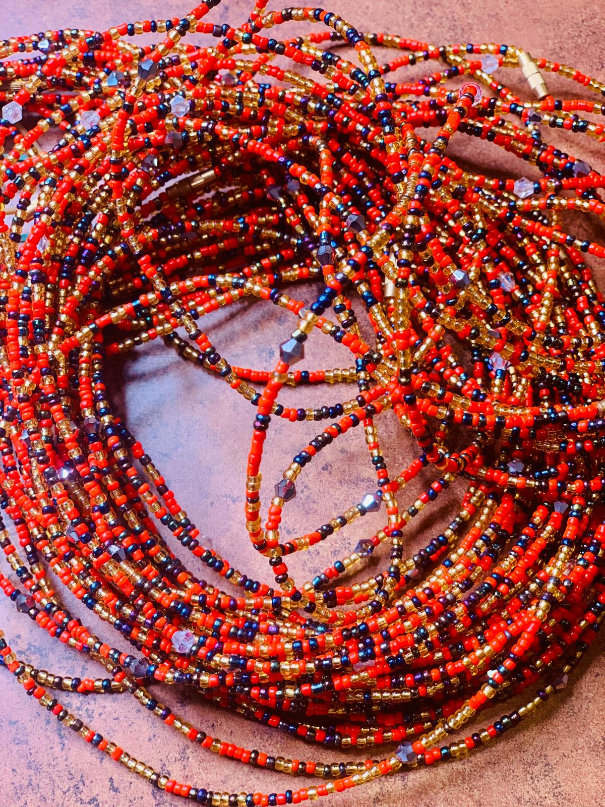 50  Inches Red , Gold And Blue Beads With Removable Screw Waist Beads