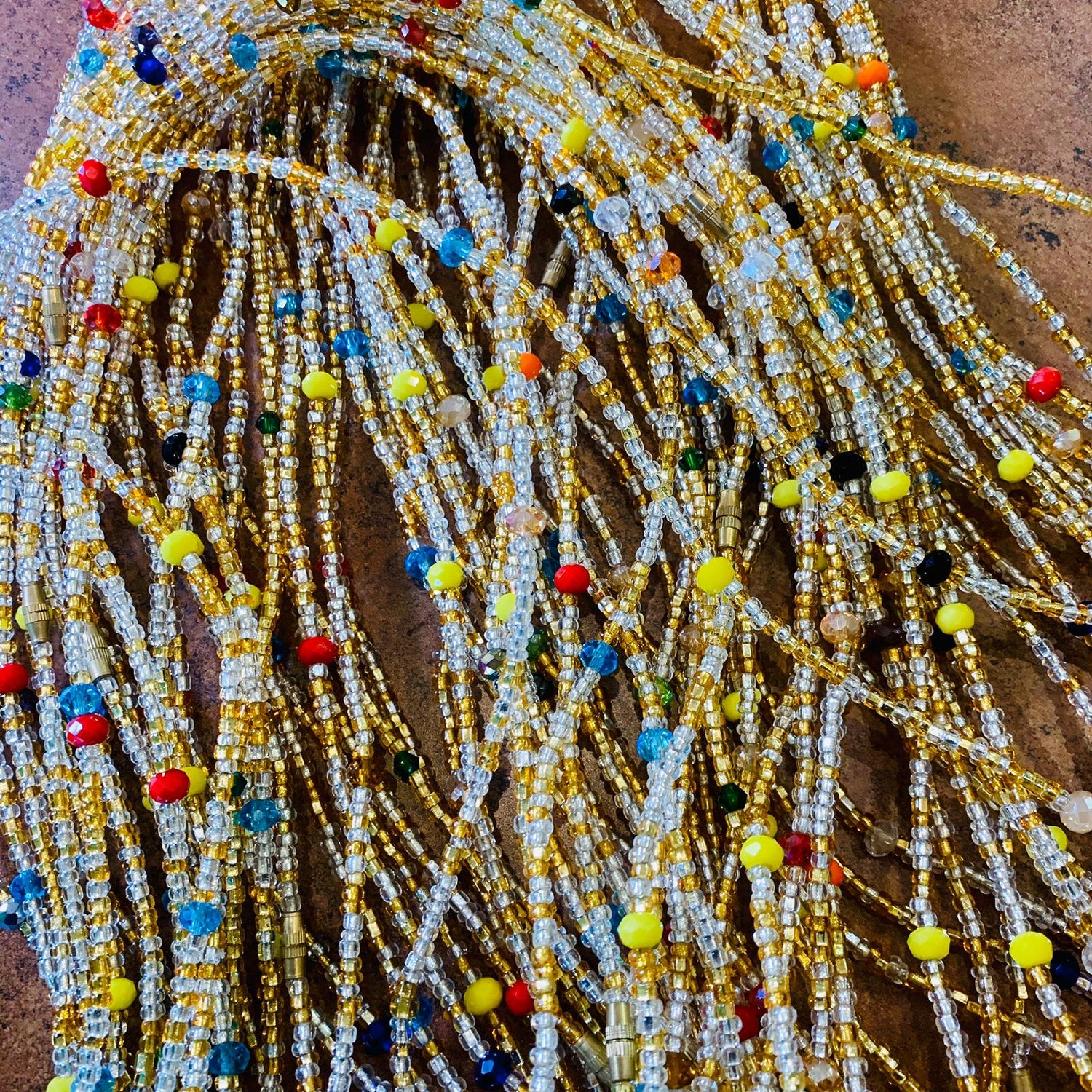 47 Inches Gold And Silver Beads With Yellow, Red And Blue Pebble Bar Removable Screw Waist Beads