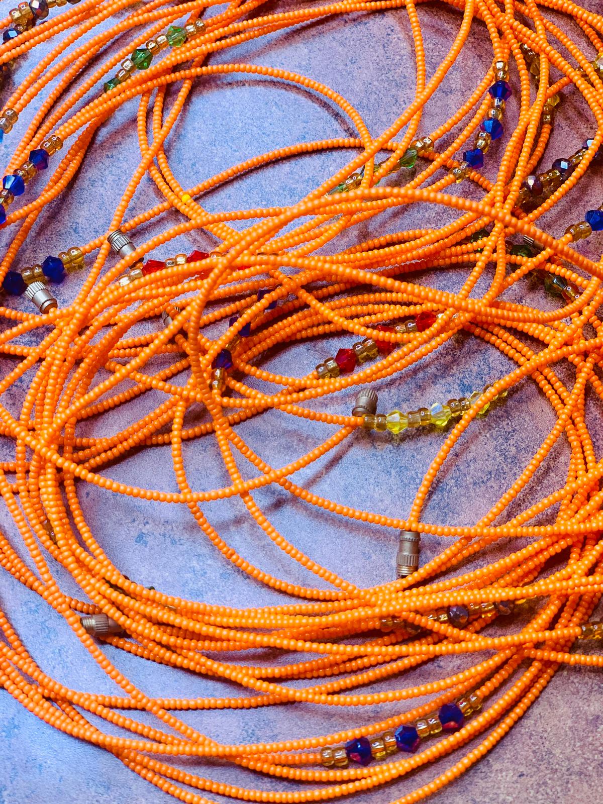 47 Inches Micro Orange Beads With Green, Blue, Red And Yellow Pebble Bar Removable Screw Waist Beads