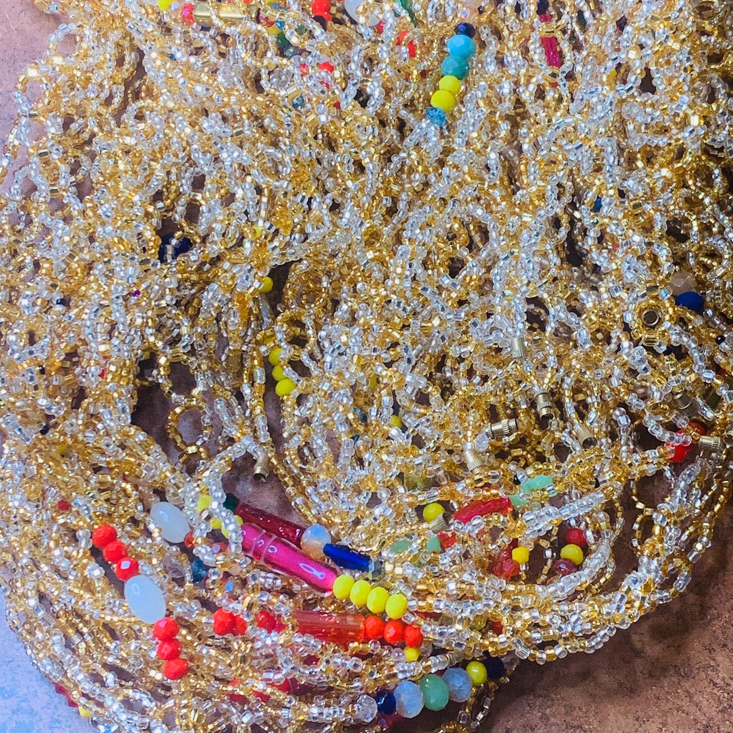 48 Inches Gold and clear Crystal beads With Red, Yellow, And Blue Pebble Bar Removable Screw Waist Beads