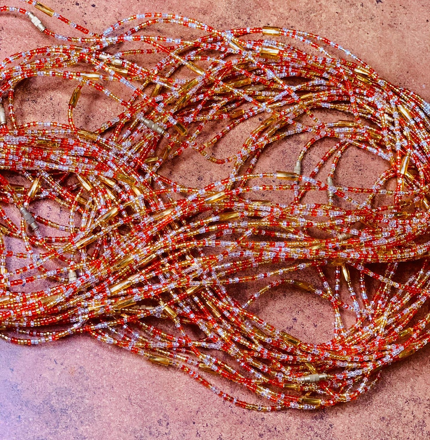 48 Inches Red Clear Crystal And Gold beads With Gold Pebble Removable Screw Waist Beads