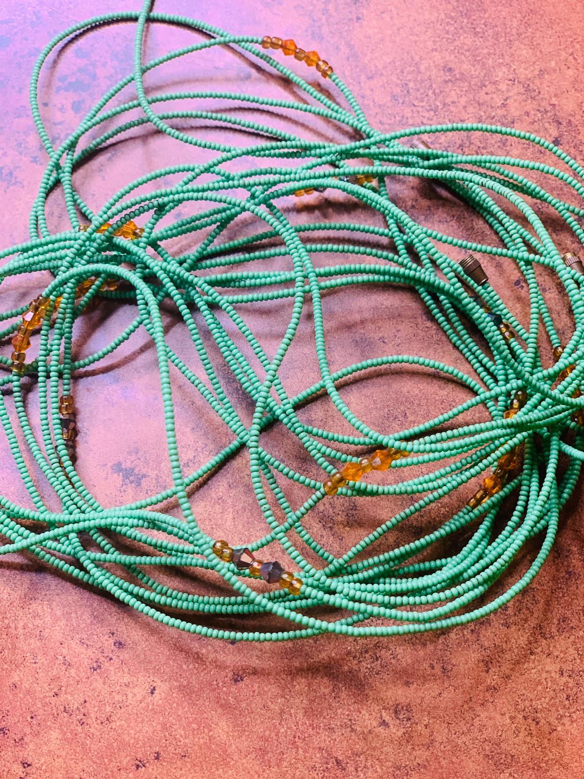 50 Inches Micro Turquoise Green Beads With Orange Pebble Bars, Removable Screw Waist Beads