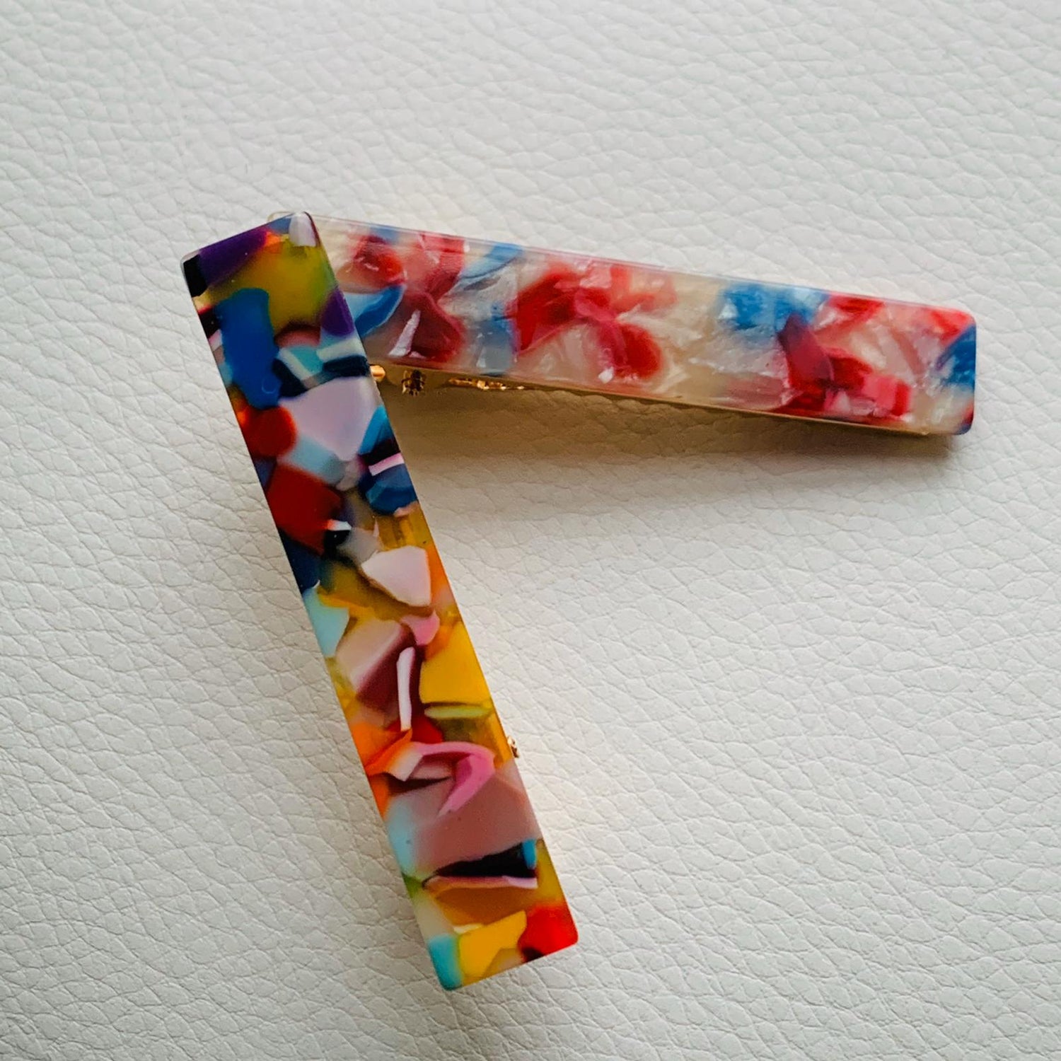 2 Piece Blue, Red, Cream, And Yellow No Slip Grip Rectangle Hair Clips