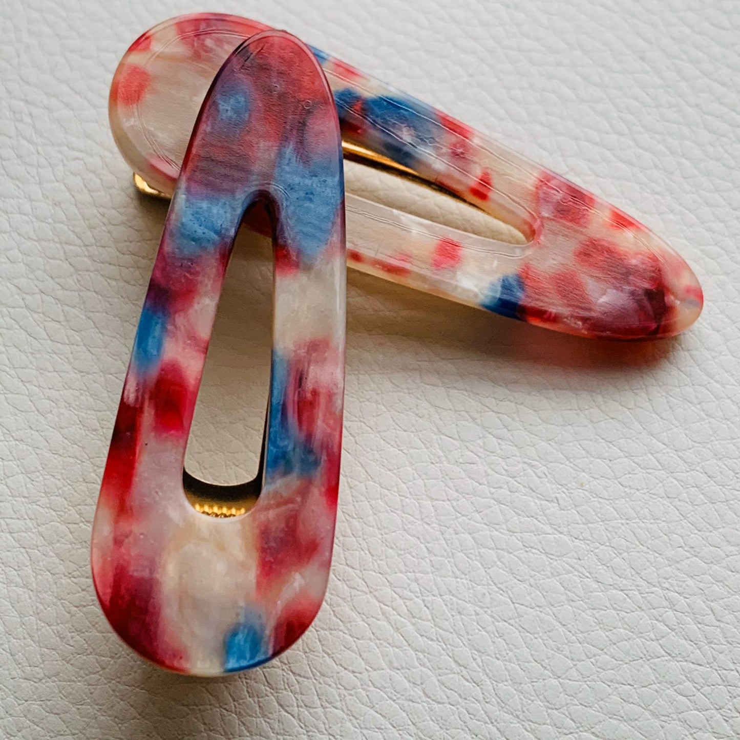 2 Piece Blue, Cream And Red Wine No slip Grip Oval Hair Clip