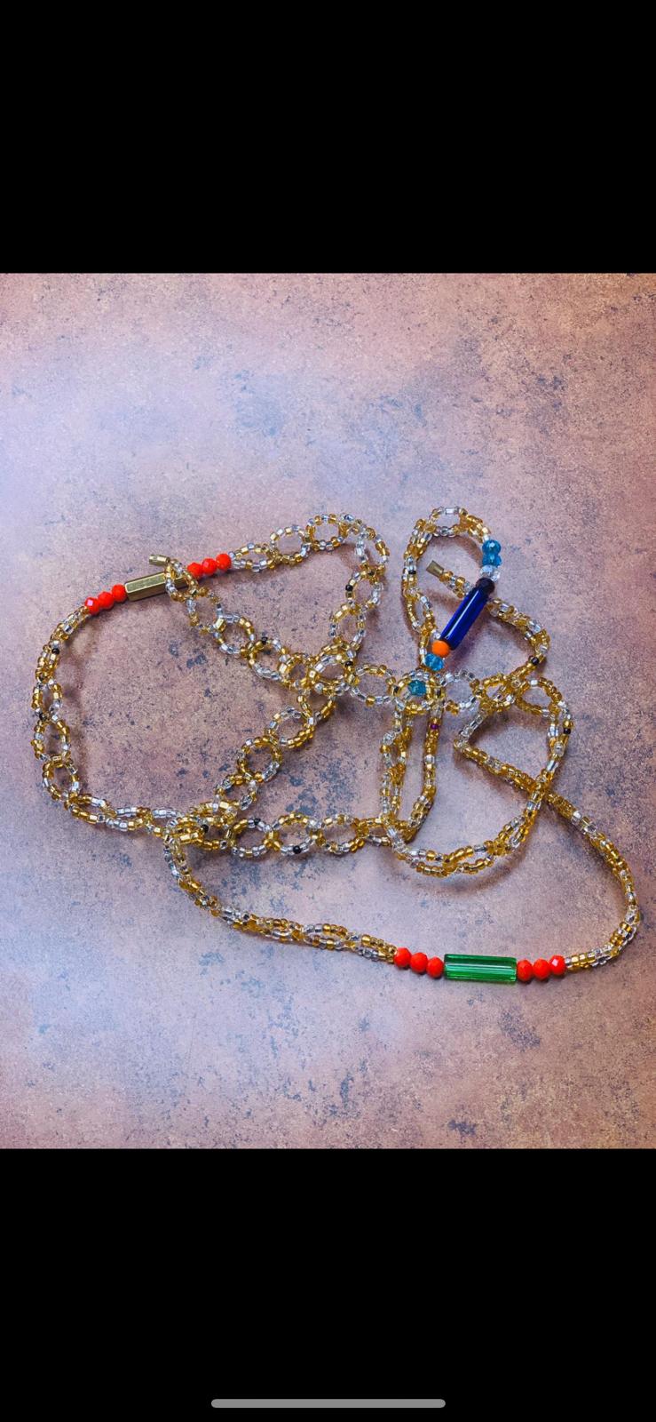 38 Inches Gold And Clear Crystal Beads With Red, Green And Blue Pebble Bar Removable Screw Waist Beads
