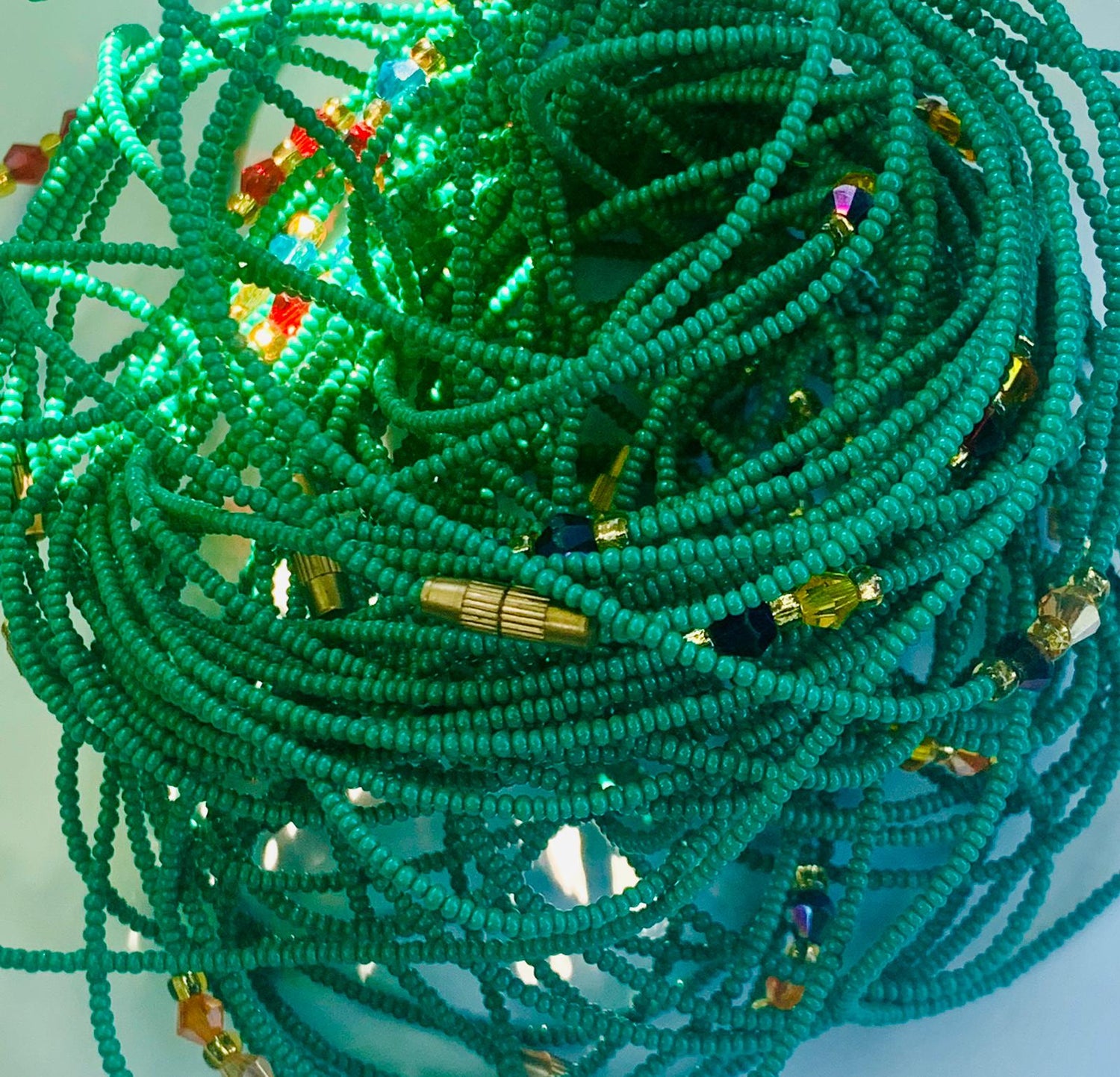 48 Inches Micro Green beads with Red, Orange And Yellow Pebble Bar Removable Screw Waist Beads