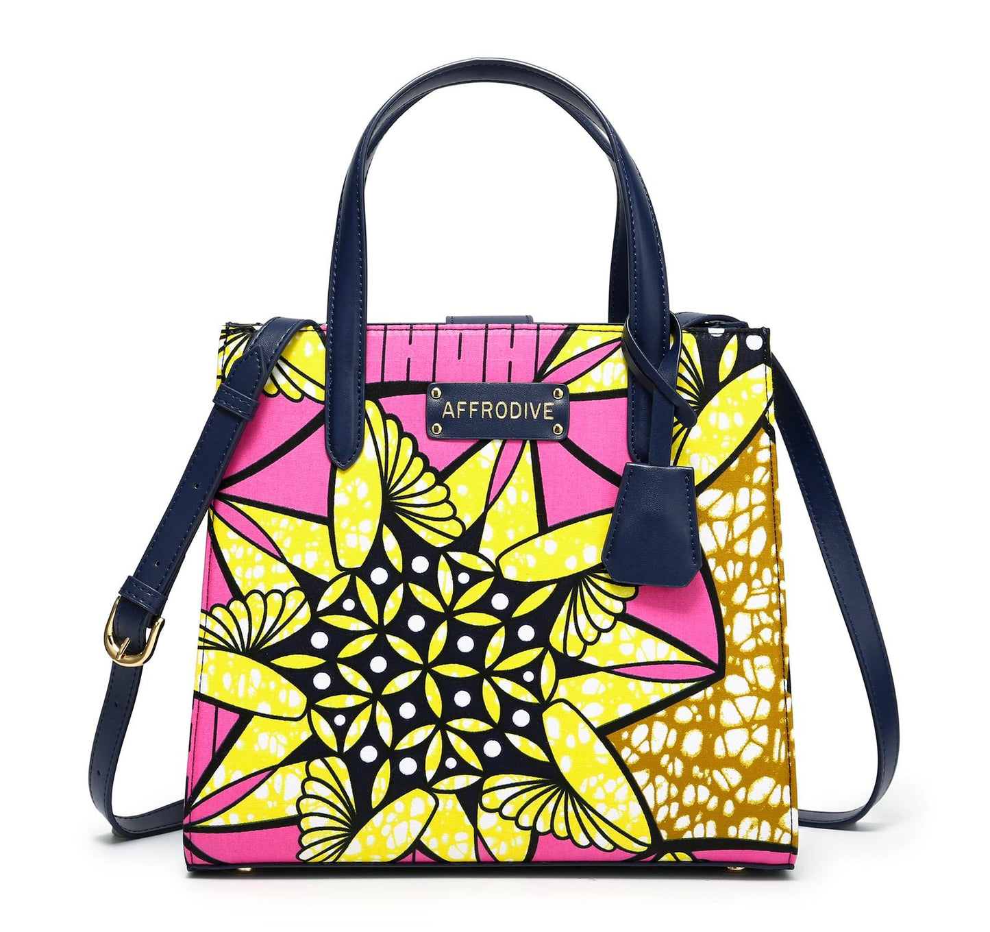 Pink,Gold, Yellow,Black and White Coloured African Ankara Print And Leather Handbag, Blue-Black Leather Handle, zipper, Spacious Easy to Handle African Print Handbag