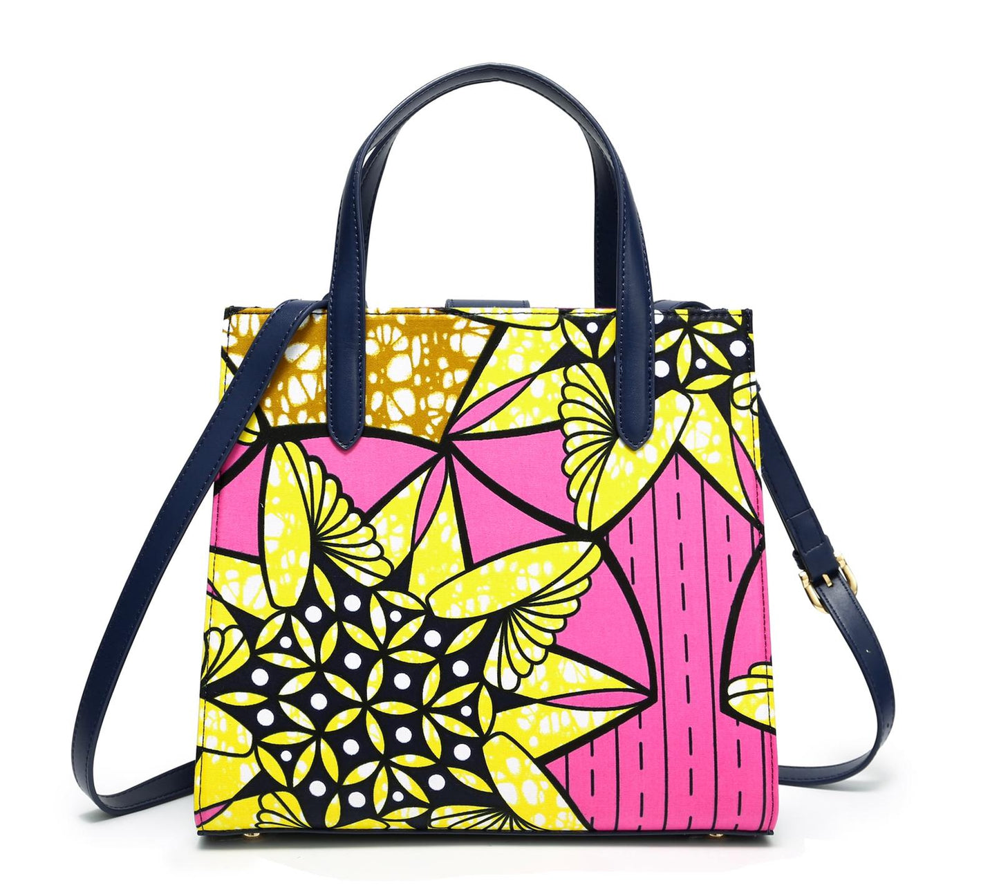 Pink,Gold, Yellow,Black and White Coloured African Ankara Print And Leather Handbag, Blue-Black Leather Handle, zipper, Spacious Easy to Handle African Print Handbag