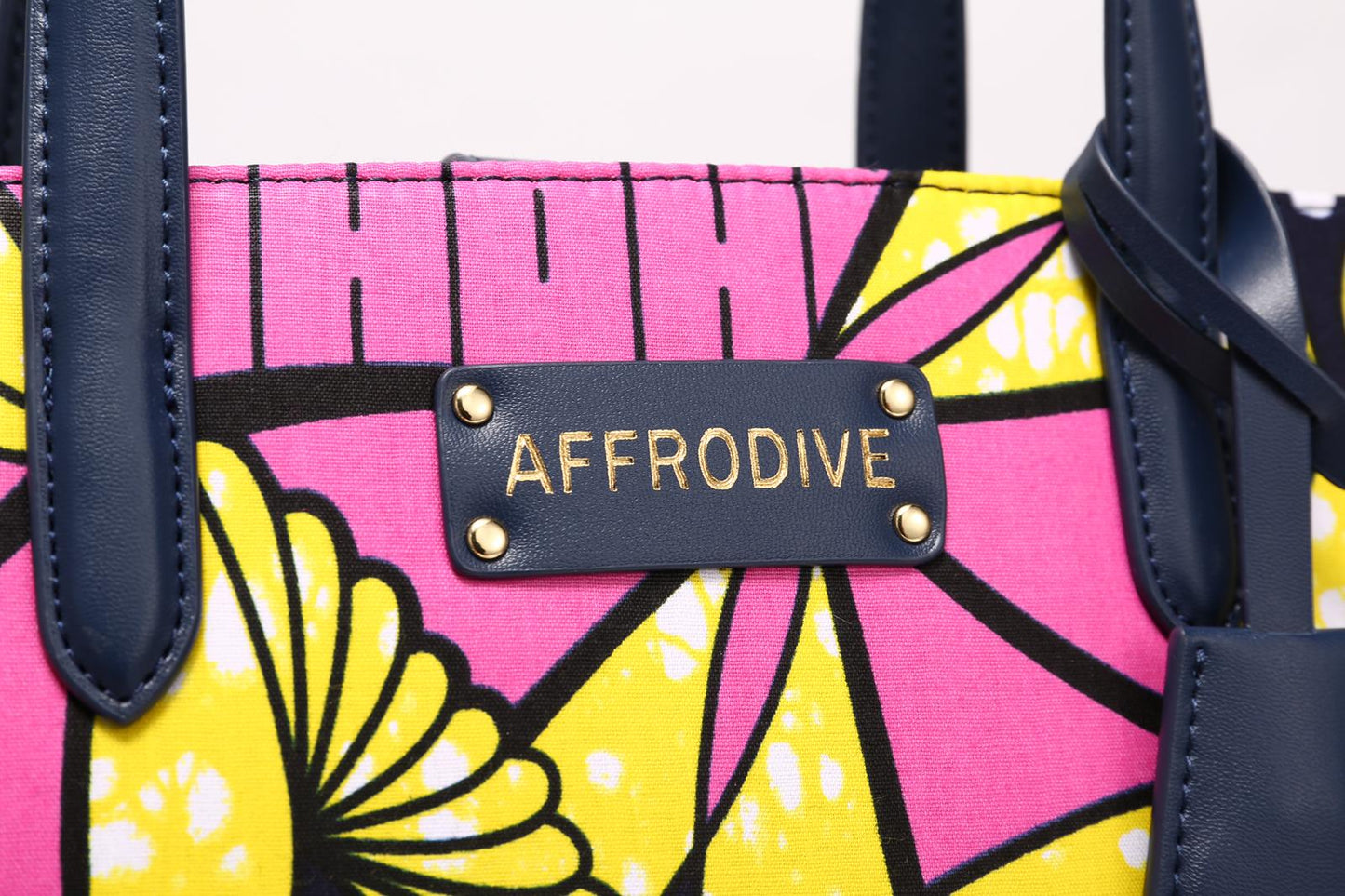 Pink,Gold, Yellow,Black and White Coloured African Ankara Print And Leather Handbag, Blue-Black Leather Handle, zipper, Spacious Easy to Handle African Print Handbag