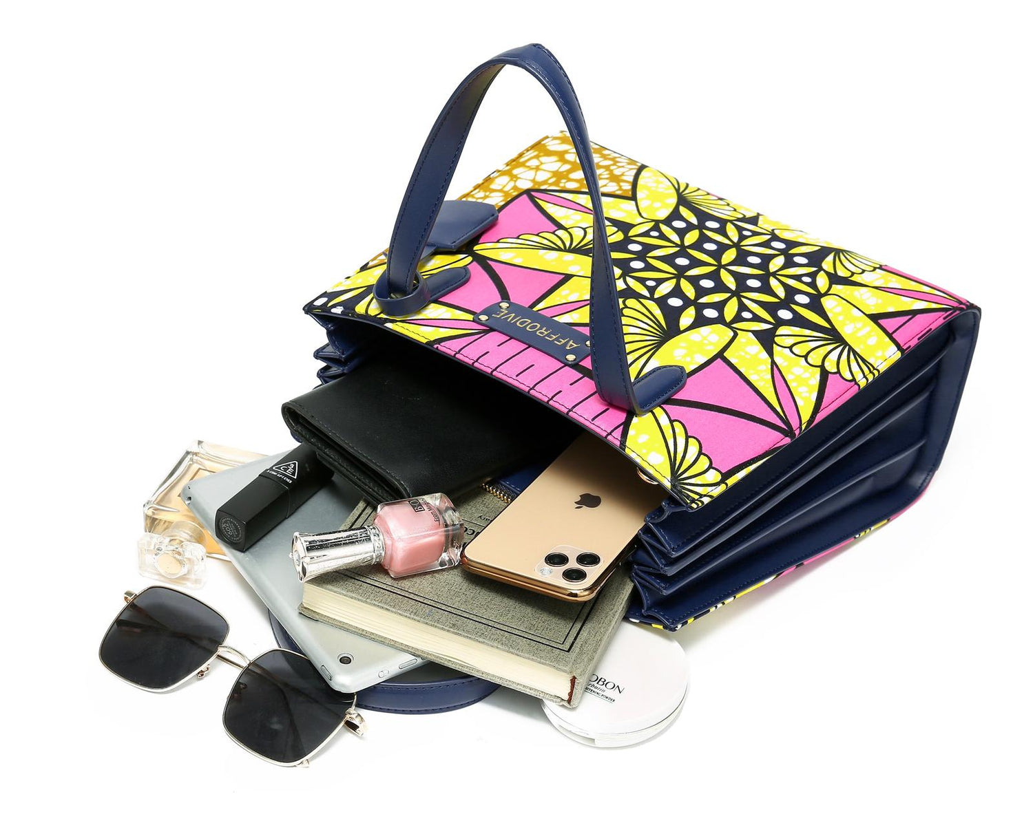 Pink,Gold, Yellow,Black and White Coloured African Ankara Print And Leather Handbag, Blue-Black Leather Handle, zipper, Spacious Easy to Handle African Print Handbag