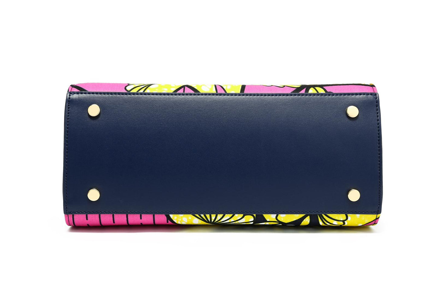 Pink,Gold, Yellow,Black and White Coloured African Ankara Print And Leather Handbag, Blue-Black Leather Handle, zipper, Spacious Easy to Handle African Print Handbag