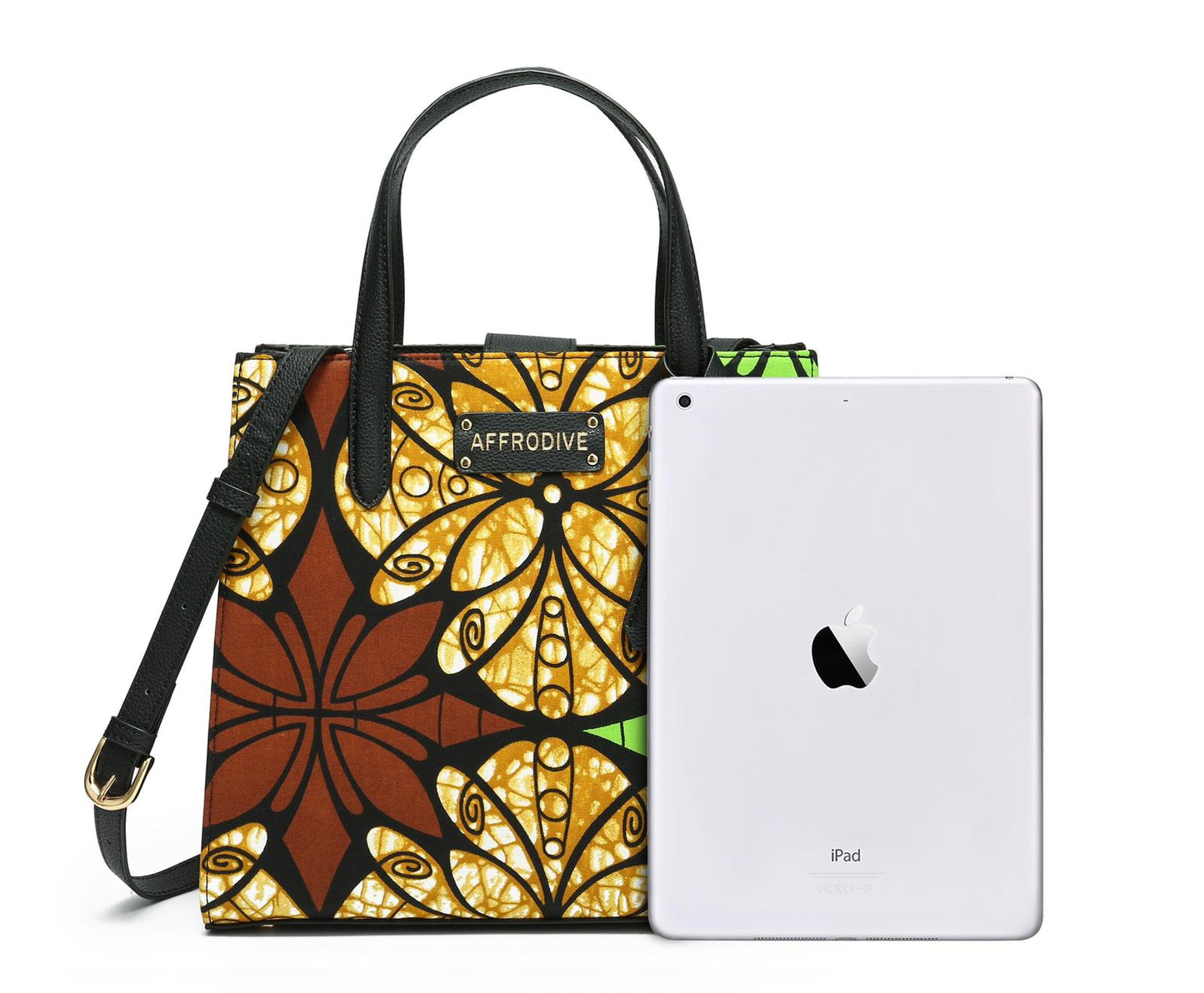 Gold,Brown Green Black and White Coloured African Ankara Print And Leather Handbag, Black Leather Handle, zipper, Spacious Easy to Handle African Print Handbag