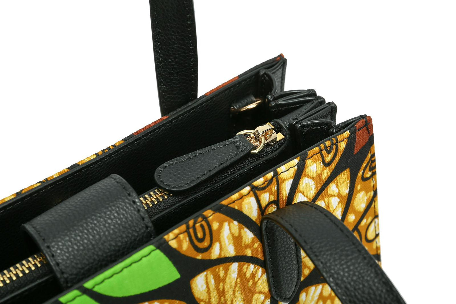 Gold,Brown Green Black and White Coloured African Ankara Print And Leather Handbag, Black Leather Handle, zipper, Spacious Easy to Handle African Print Handbag