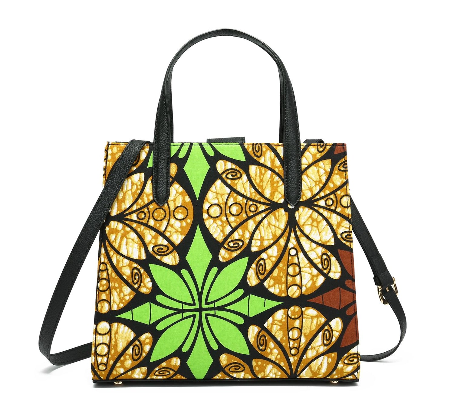 Gold,Brown Green Black and White Coloured African Ankara Print And Leather Handbag, Black Leather Handle, zipper, Spacious Easy to Handle African Print Handbag