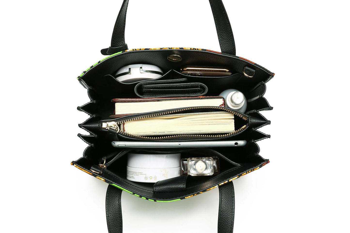 Gold,Brown Green Black and White Coloured African Ankara Print And Leather Handbag, Black Leather Handle, zipper, Spacious Easy to Handle African Print Handbag