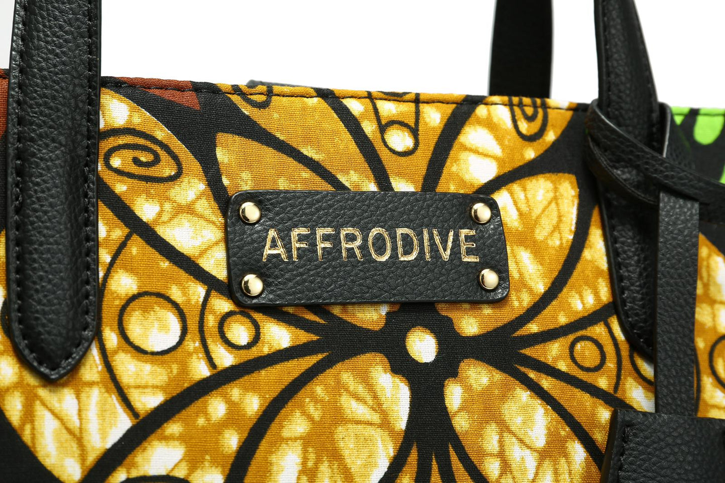 Gold,Brown Green Black and White Coloured African Ankara Print And Leather Handbag, Black Leather Handle, zipper, Spacious Easy to Handle African Print Handbag