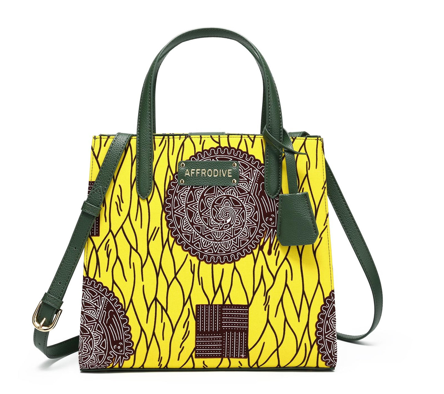 Yellow, Brown and White African Ankara Print And Leather Handbag, Green Leather Handle, zipper, Spacious Easy to Handle African Print Handbag