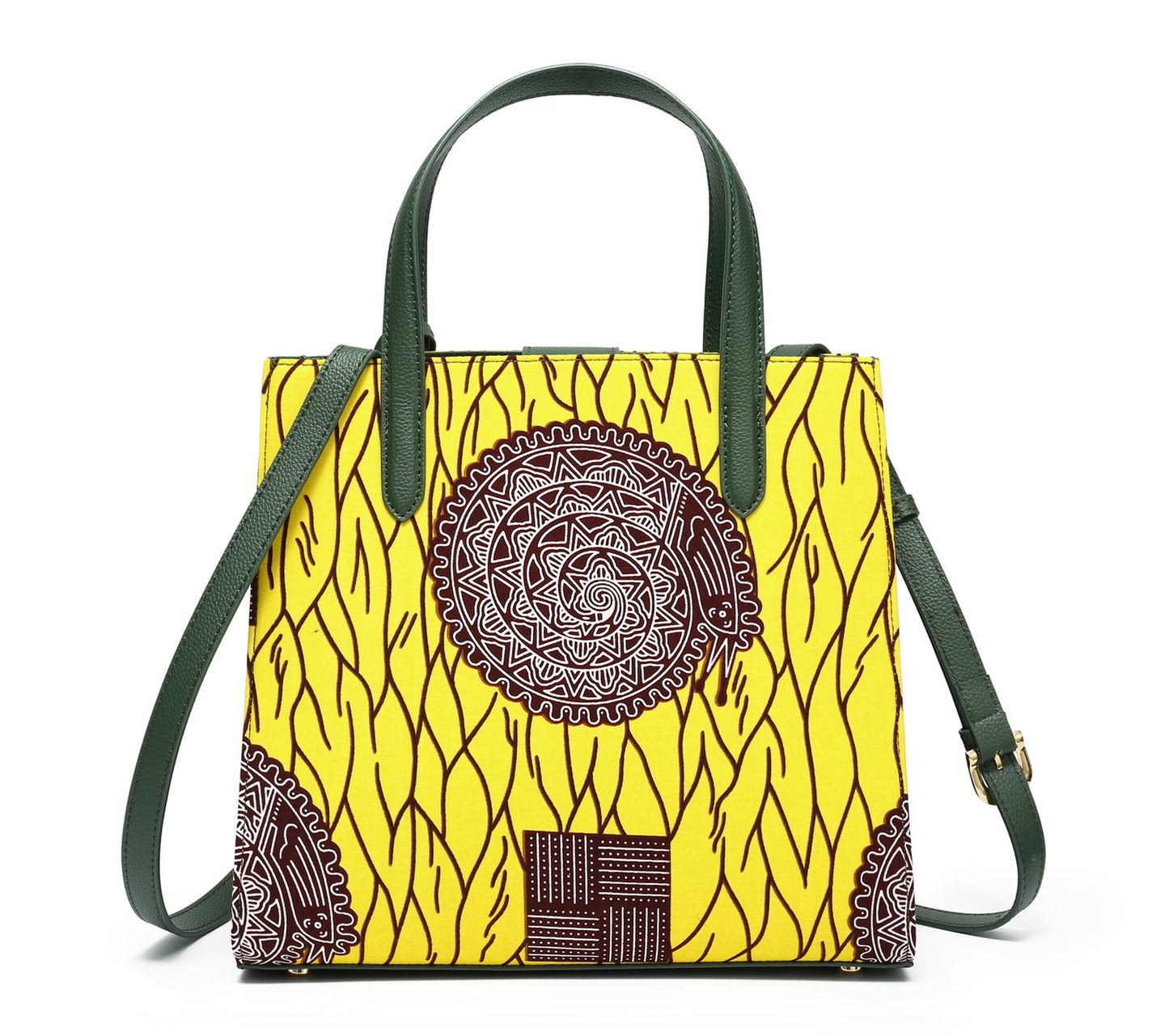 Yellow, Brown and White African Ankara Print And Leather Handbag, Green Leather Handle, zipper, Spacious Easy to Handle African Print Handbag