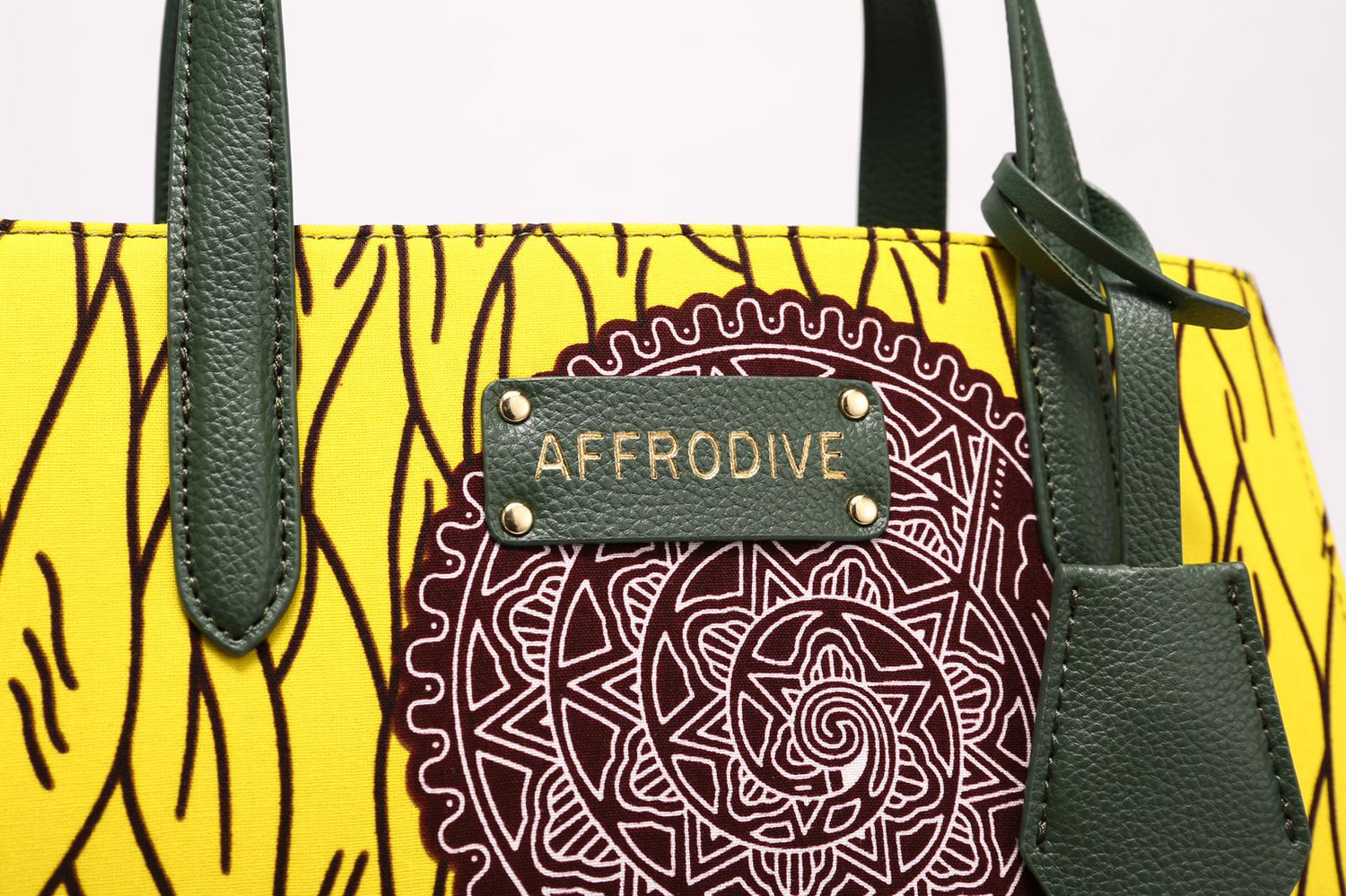 Yellow, Brown and White African Ankara Print And Leather Handbag, Green Leather Handle, zipper, Spacious Easy to Handle African Print Handbag