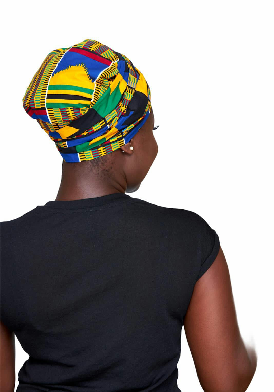 A Ghanaian Kente Wax Print Made of Blue, Green, Red ,Black and White Blended Beautiful Colours And Pattern, Hand Made Elastic Silklined Bonnet With Band
