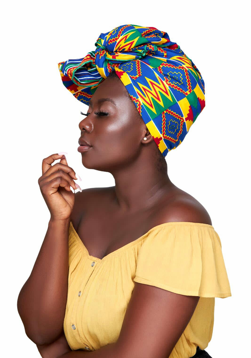Ghanaian Kente High Quality Print with Blue, Red,Yellow, Green, Coloured Print Adinkira Designed Symbol Detachable Silklined Headwrap