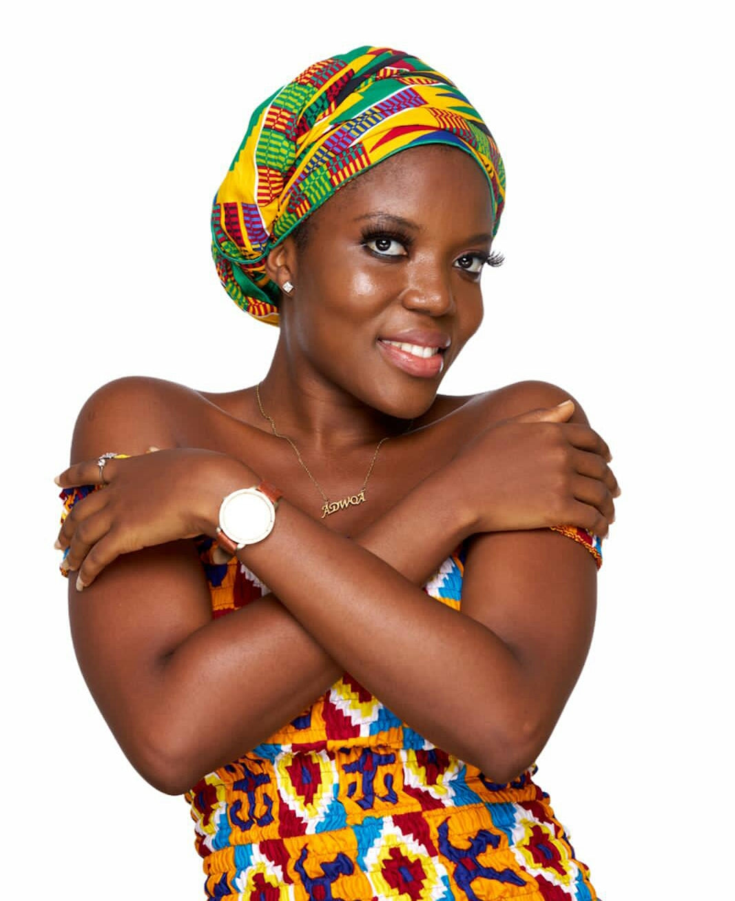 Red, Yellow,Green, Blue, Black White Stipped Ghanaian Kente Designed Cotton Print, Detachable Silklined Headwrap
