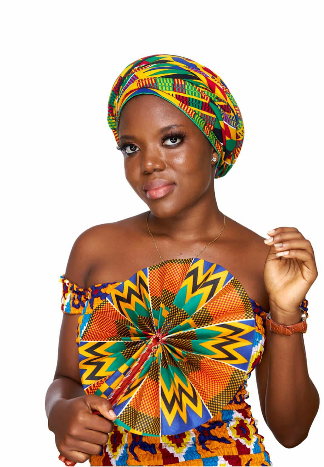 Red, Yellow,Green, Blue, Black White Stipped Ghanaian Kente Designed Cotton Print, Detachable Silklined Headwrap