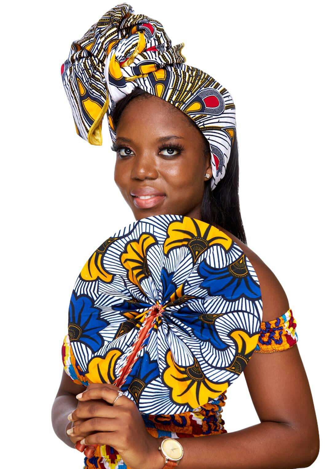 Quality Ankara Print, White, yellow, red and black peacock designed fabric Detachable Silklined Headwrap