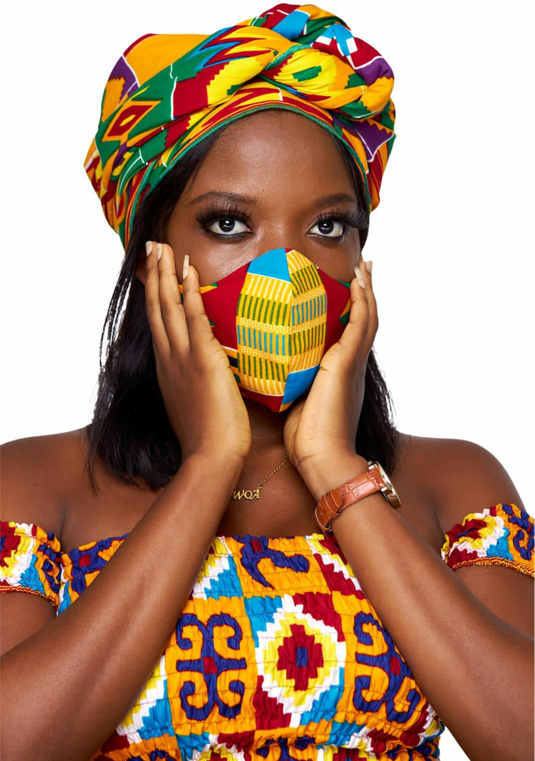 Ghanaian Quality Kente Cotton Wax Print, Coloured with Red,Seablue,Yellow,Green,abd White Art Print Detachable Silklined Headwrap