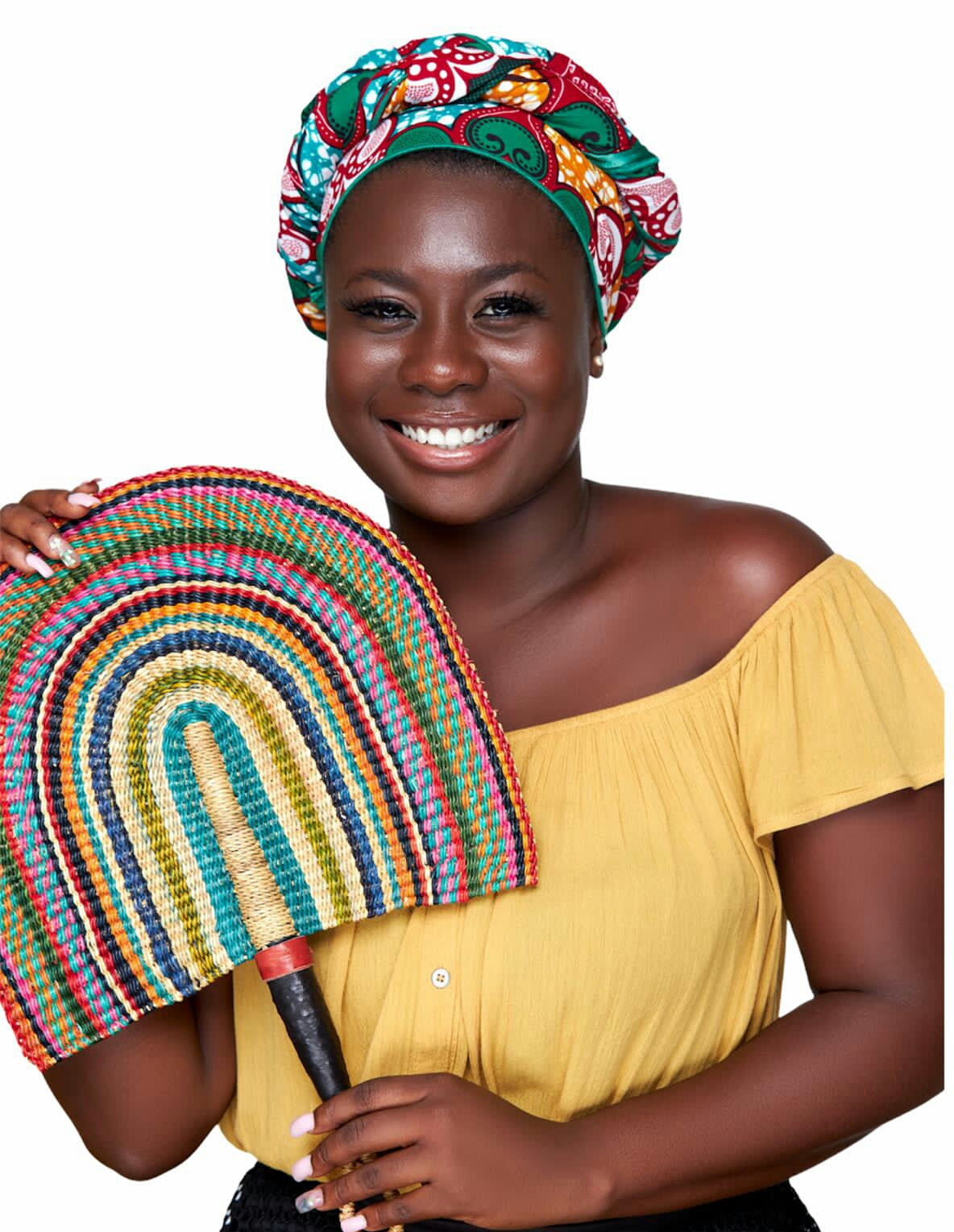 Ankara Cotton wax Print Made of Red, Orange,Green White,abd Seablue Colours Beautifully Arranged Detachable Silklined Headwrap