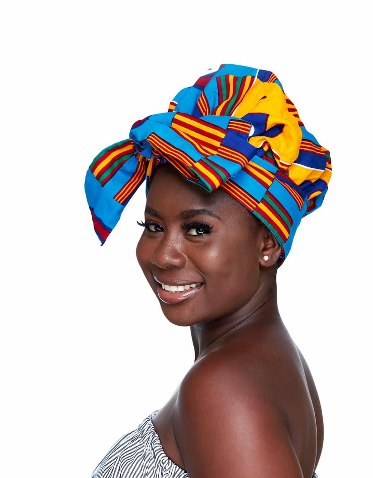 Ghanaian Kente Print Made of Blue, yellow, Black,Green and White Blended Beautiful Colours, Hand Made Elastic Silklined Bonnet With Band