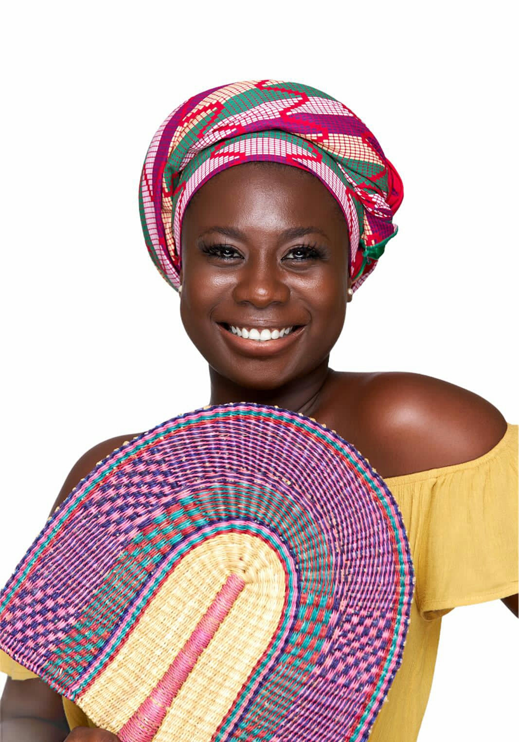 Ghanaian High Quality Cotton Made Kente,Pink, White, Green,Gold Coloured Detachable Silklined Headwrap
