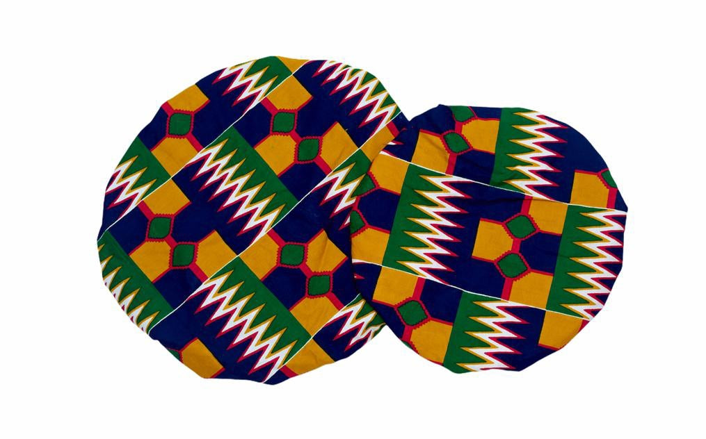 Ghanaian Kente Wax Print Made of Yellow, Green,Pink White and Blue Blend of Beautiful Colours And Pattern With Adinkira Symbols, Hand Made Elastic With Green Silk lined Hair Bonnet
