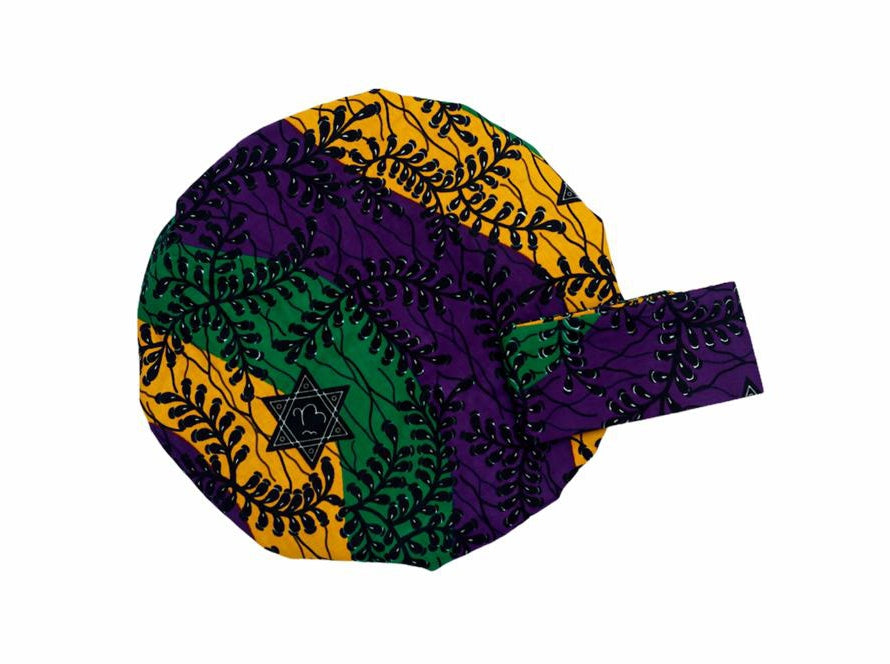 Ankara Wax Print Made of Green, Yellow, Purple And Black Blend of Beautiful Colours And Pattern, Hand Made Elastic Silklined Bonnet With Band