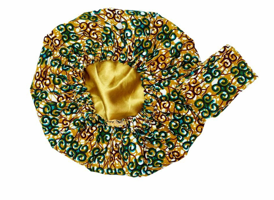 Ankara Wax Print Made of Green, Curry, Redwine And White Blend of Beautiful Colours And Pattern, Hand Made Elastic Silklined Bonnet With Band