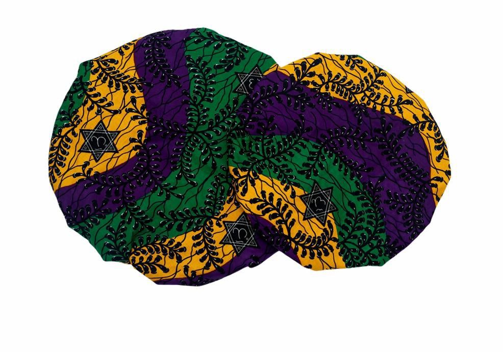 Ankara Wax Print Made of Green, Yellow, Purple And Black Blend of Beautiful Colours And Pattern, Hand Made Elastic Silklined Bonnet With Band