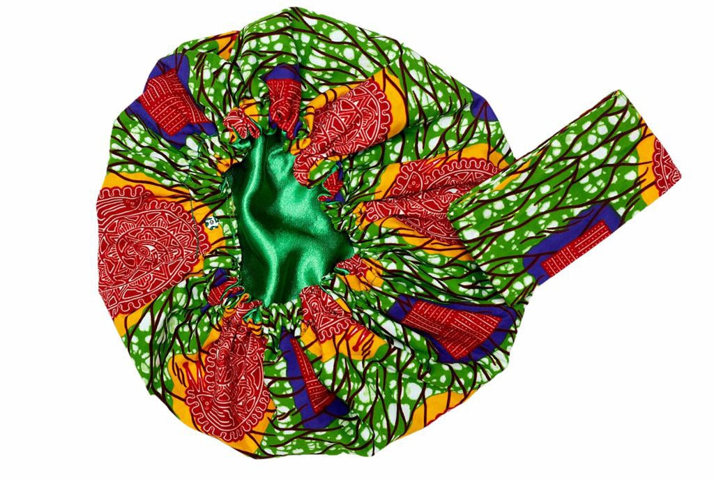 Ankara Wax Print Made of Green, Yellow, Red, White And Purple Blend of Beautiful Colours And Pattern, Hand Made Elastic Silklined Bonnet With Band