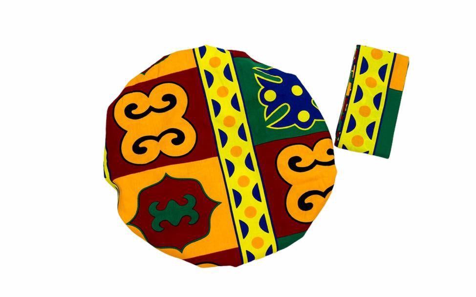 Ghanaian Kente Wax Print Made of Yellow,Gold, Red,Green And  Blue Blend of Beautiful Colours And Pattern With Adinkira Symbols, Hand Made Elastic Silklined Bonnet With Band