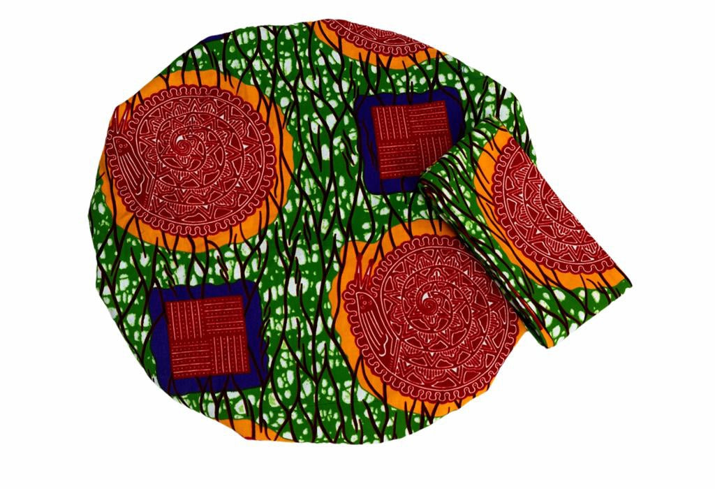 Ankara Wax Print Made of Green, Yellow, Red, White And Purple Blend of Beautiful Colours And Pattern, Hand Made Elastic Silklined Bonnet With Band