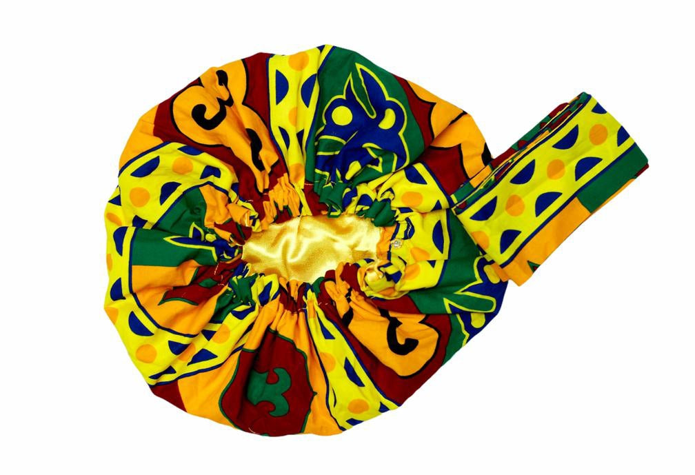 Ghanaian Kente Wax Print Made of Yellow,Gold, Red,Green And  Blue Blend of Beautiful Colours And Pattern With Adinkira Symbols, Hand Made Elastic Silklined Bonnet With Band
